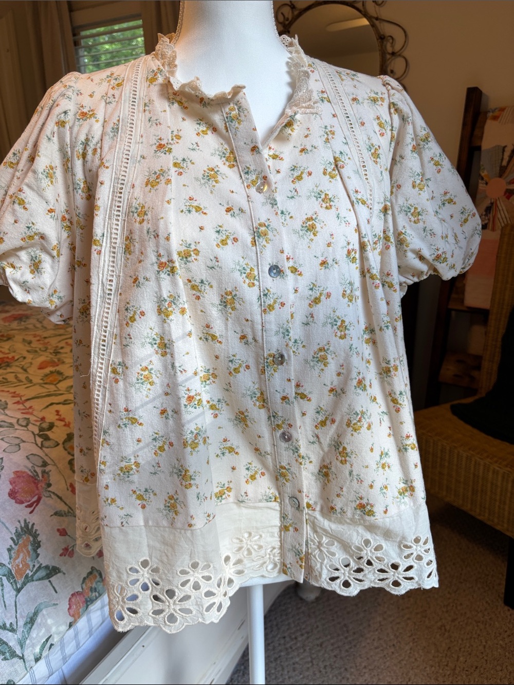 Vintage-Inspired Cream Floral Button-Front Blouse